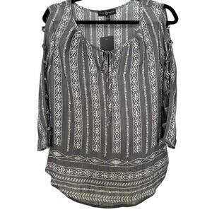 Fred David Grey White Geometric Print Cold Shoulder Tie Neck Blouse S‎ NWT